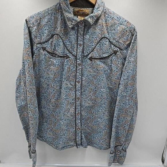 RARE Wrangler Western Paisley Print Blue Pearl Snap Boho "W" Stitching Pointed M - Picture 1 of 16